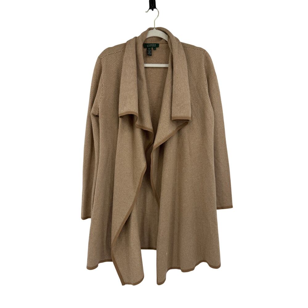 Ralph Lauren Womens M Open Cardigan Sweater Wool Cashmere Herringbone Tan - Picture 2 of 9